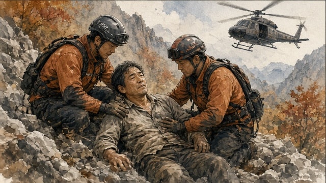 산에서 다친 현민을 구조하는 대원들