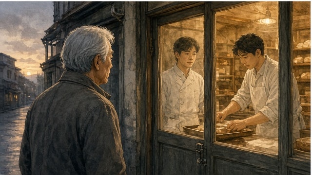 새벽길에 아들이 운영하는 빵집을 바라보는 할아버지