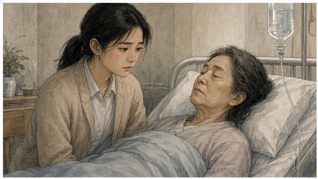 병상의 어머니 곁을 지키는 어린 보람