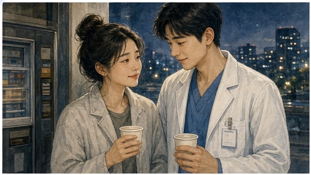 야간 근무 뒤 커피를 나누는 보람과 현수