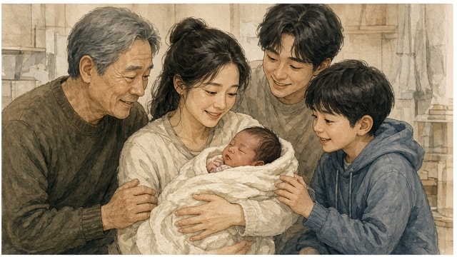 새로 태어난 아이를 함께 돌보는 가족