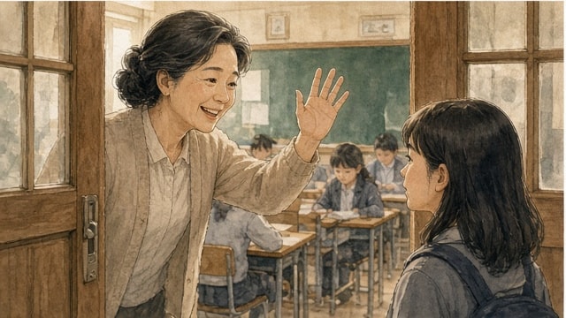 새 교실의 지연에게 손을 흔드는 주희